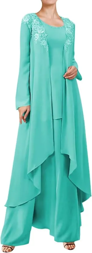 3 Pieces Mother of The Bride Dresses Pant Suits for Wedding Lace Chiffon Long Formal Gown Outfit Set with Jacket