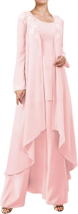 3 Pieces Mother of The Bride Dresses Pant Suits for Wedding Lace Chiffon Long Formal Gown Outfit Set with Jacket