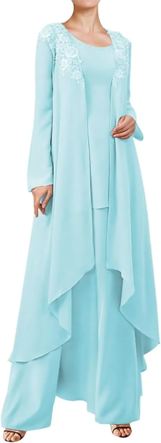 3 Pieces Mother of The Bride Dresses Pant Suits for Wedding Lace Chiffon Long Formal Gown Outfit Set with Jacket
