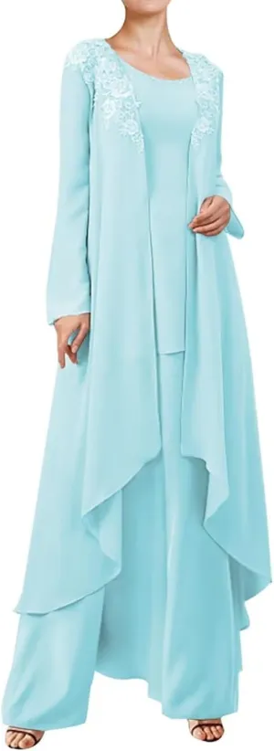 3 Pieces Mother of The Bride Dresses Pant Suits for Wedding Lace Chiffon Long Formal Gown Outfit Set with Jacket
