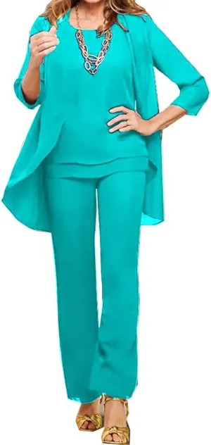 3 Pieces Mother of The Bride Pant Suits for Wedding Chiffon Outfit Sets Formal Evening Gowns with Jacket