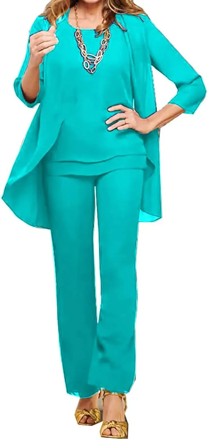 3 Pieces Mother of The Bride Pant Suits for Wedding Chiffon Outfit Sets Formal Evening Gowns with Jacket