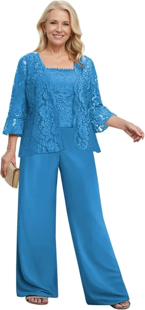 3 Pieces Mother of The Bride Pant Suits for Wedding Dressy Lace Chiffon Formal Gown Outfit with Jacket