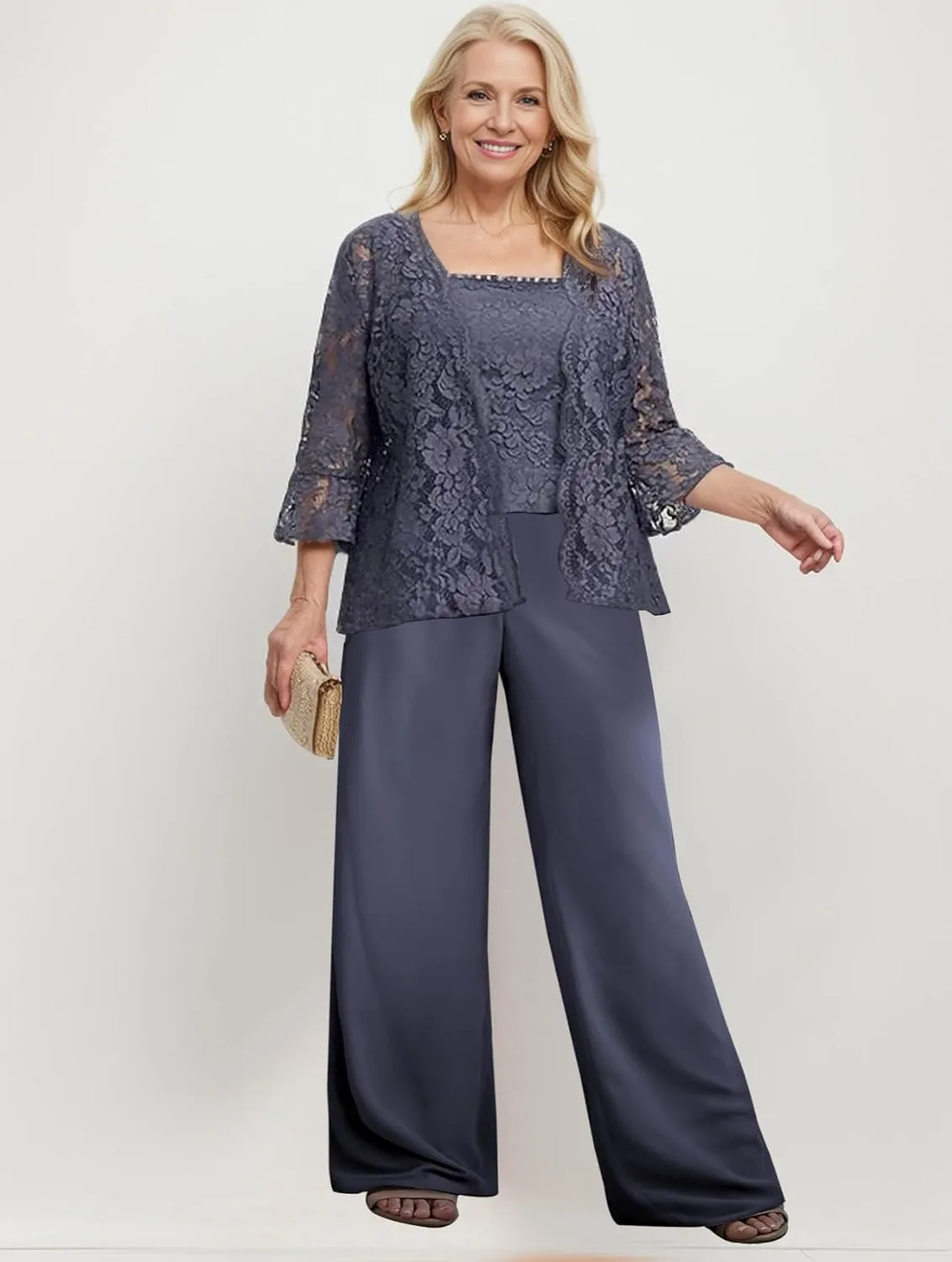 3 Pieces Mother of The Bride Pant Suits for Wedding Dressy Lace Chiffon Formal Gown Outfit with Jacket