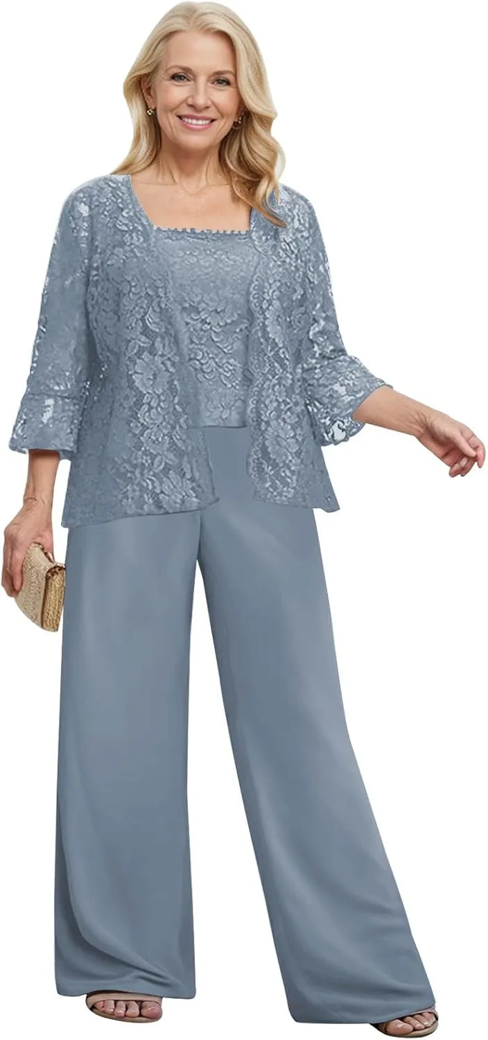 3 Pieces Mother of The Bride Pant Suits for Wedding Dressy Lace Chiffon Formal Gown Outfit with Jacket