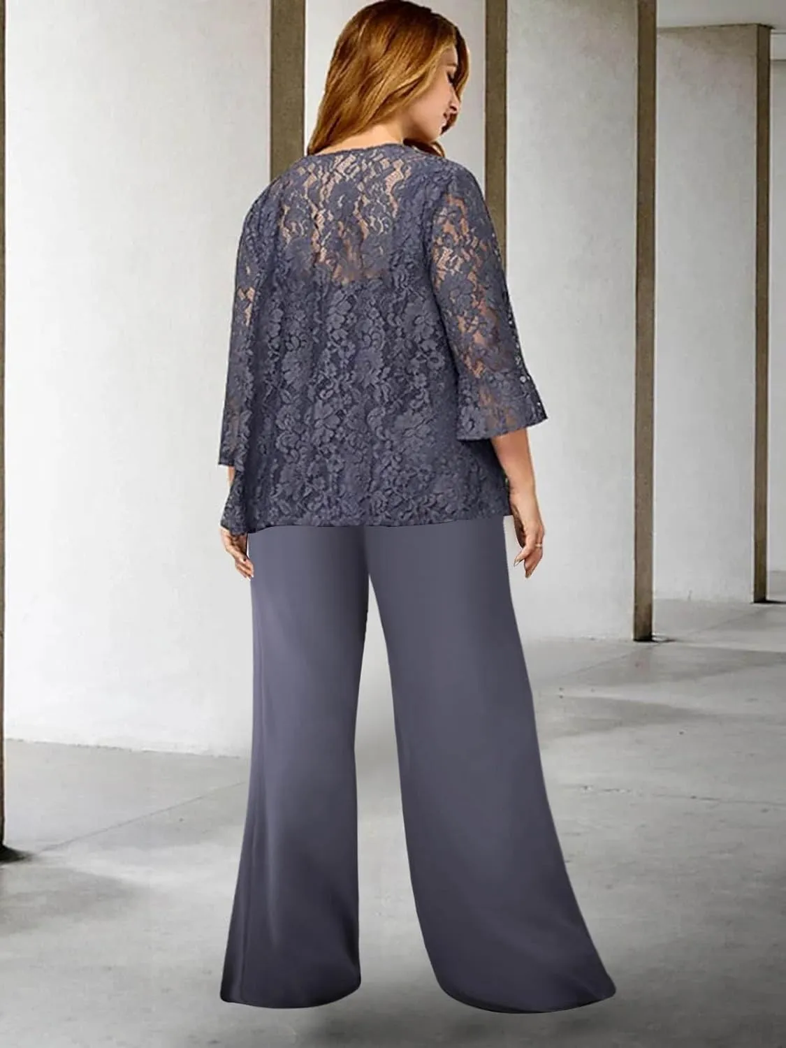3 Pieces Mother of The Bride Pant Suits for Wedding Dressy Lace Chiffon Formal Gown Outfit with Jacket
