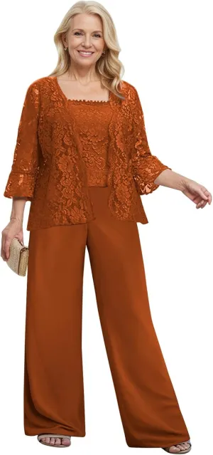 3 Pieces Mother of The Bride Pant Suits for Wedding Dressy Lace Chiffon Formal Gown Outfit with Jacket