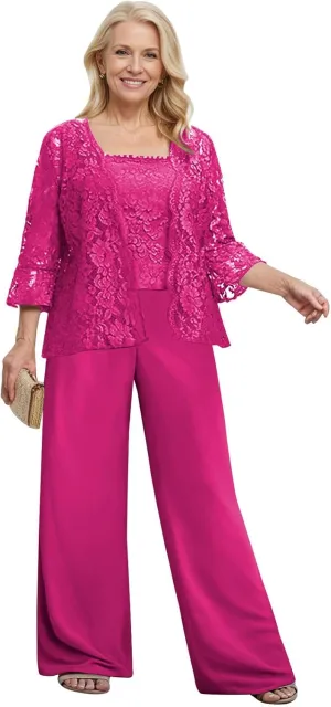 3 Pieces Mother of The Bride Pant Suits for Wedding Dressy Lace Chiffon Formal Gown Outfit with Jacket