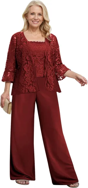 3 Pieces Mother of The Bride Pant Suits for Wedding Dressy Lace Chiffon Formal Gown Outfit with Jacket
