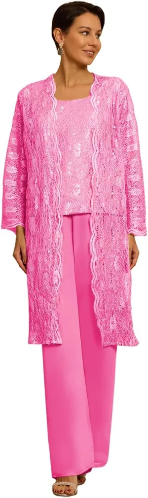 3 Pieces Mother of The Bride Pant Suits for Wedding with Jacket Chiffon Petite Wedding Pantsuits for Women 2025
