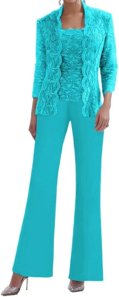 3 Pieces Mother of The Bride Pant Suits for Women Chiffon Laces Applique Formal Evening Gowns with Jacket
