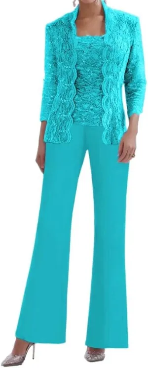 3 Pieces Mother of The Bride Pant Suits for Women Chiffon Laces Applique Formal Evening Gowns with Jacket