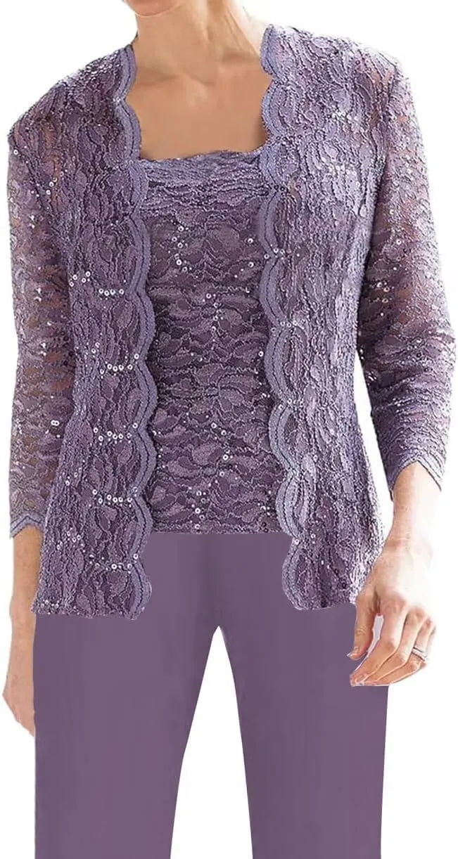 3 Pieces Mother of The Bride Pant Suits for Women Chiffon Laces Applique Formal Evening Gowns with Jacket