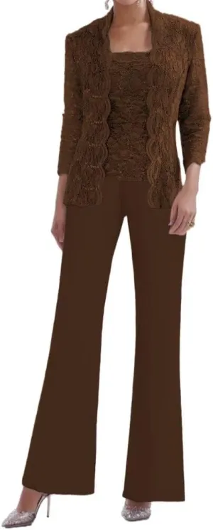 3 Pieces Mother of The Bride Pant Suits for Women Chiffon Laces Applique Formal Evening Gowns with Jacket