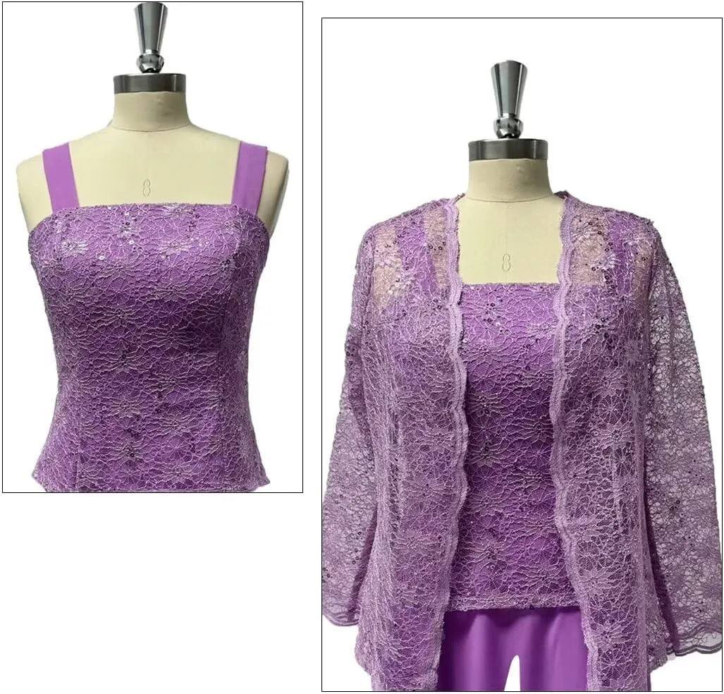 3 Pieces Mother of The Bride Pant Suits for Women Chiffon Laces Applique Formal Evening Gowns with Jacket