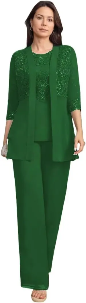 3 Pieces Mother of The Bride Pant Suits with Sequins Dressy Formal Outfit Wedding Guest Dresses