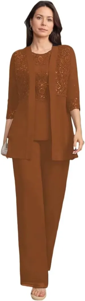 3 Pieces Mother of The Bride Pant Suits with Sequins Dressy Formal Outfit Wedding Guest Dresses