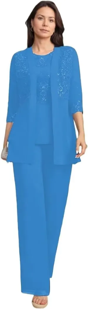 3 Pieces Mother of The Bride Pant Suits with Sequins Dressy Formal Outfit Wedding Guest Dresses