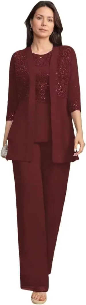 3 Pieces Mother of The Bride Pant Suits with Sequins Dressy Formal Outfit Wedding Guest Dresses