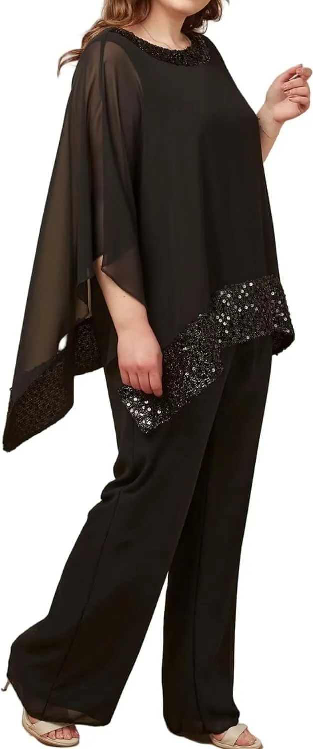3 Pieces Mother of The Bride Pantsuits for Wedding Chiffon Sequin Pant Suits for Women Dressy Wedding Guest Outfit