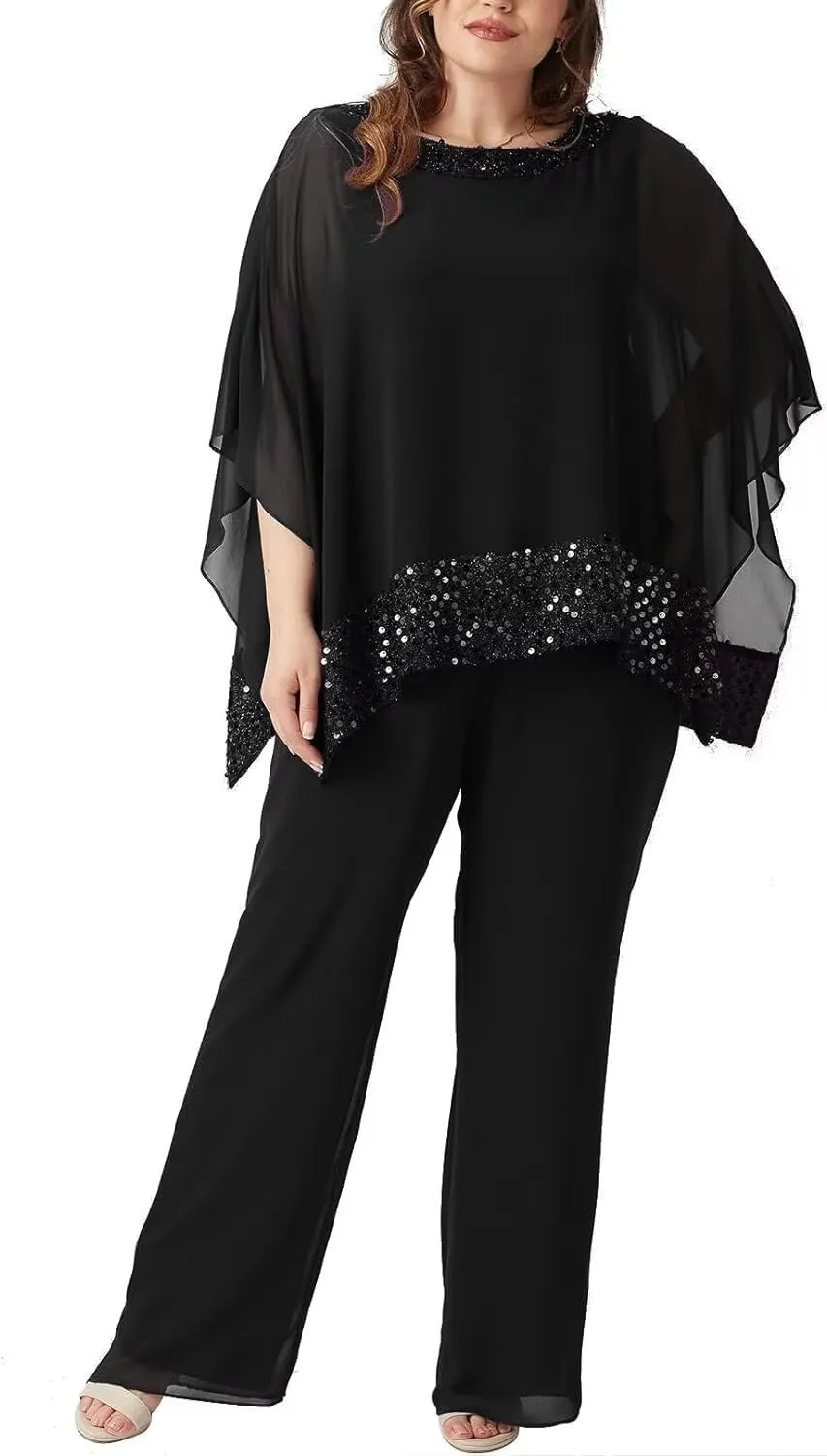 3 Pieces Mother of The Bride Pantsuits for Wedding Chiffon Sequin Pant Suits for Women Dressy Wedding Guest Outfit