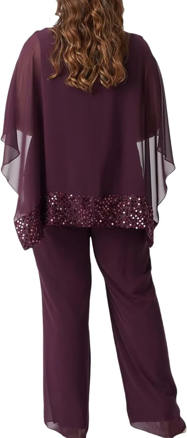 3 Pieces Mother of The Bride Pantsuits for Wedding Chiffon Sequin Pant Suits for Women Dressy Wedding Guest Outfit
