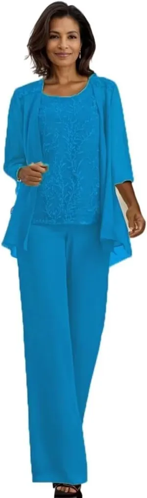 3 Pieces Mother of The Bride Pantsuits for Wedding Lace Chiffon Cocktail Pant Suits for Weddings with Jacket
