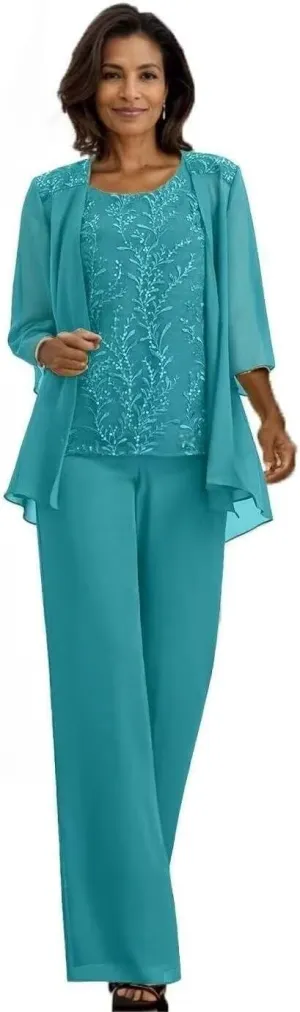 3 Pieces Mother of The Bride Pantsuits for Wedding Lace Chiffon Cocktail Pant Suits for Weddings with Jacket