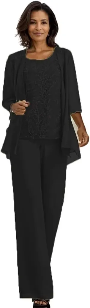 3 Pieces Mother of The Bride Pantsuits for Wedding Lace Chiffon Cocktail Pant Suits for Weddings with Jacket