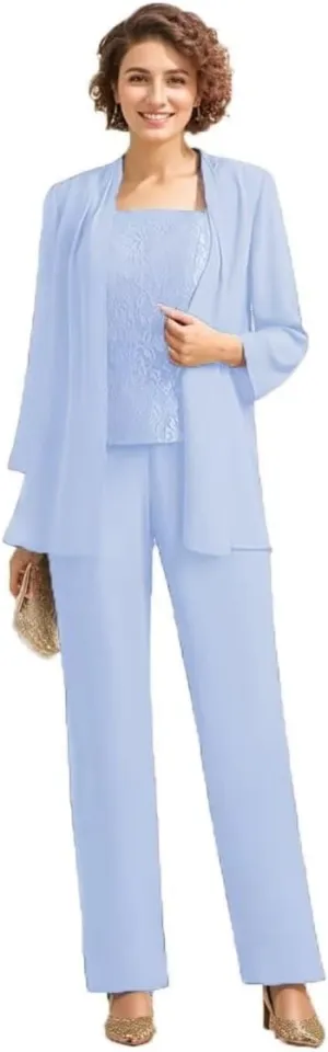 3Pcs Mother of The Bride Dress Pantsuit for Wedding Long Sleeve Formal Pant Suit with Jacket
