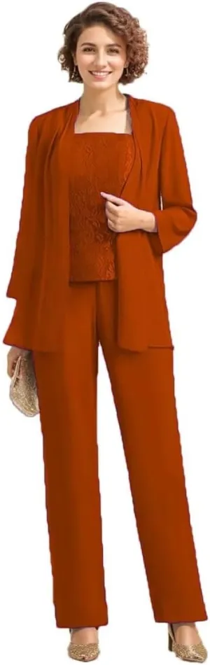 3Pcs Mother of The Bride Dress Pantsuit for Wedding Long Sleeve Formal Pant Suit with Jacket