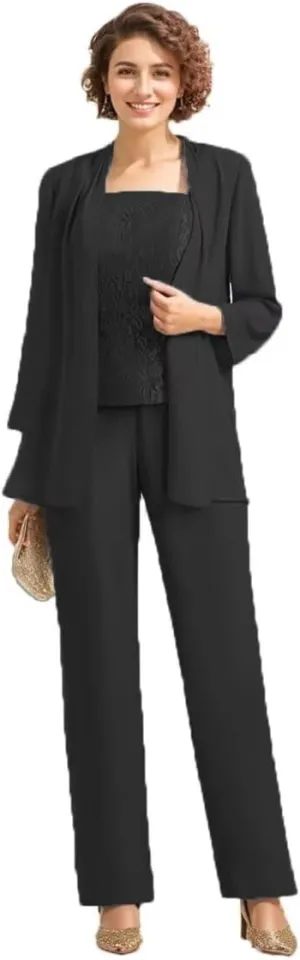 3Pcs Mother of The Bride Dress Pantsuit for Wedding Long Sleeve Formal Pant Suit with Jacket