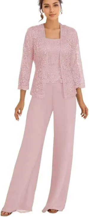 3Pcs Mother of The Bride Dress Pantsuit for Wedding Long Sleeve Lace Pant Suit with Jacket