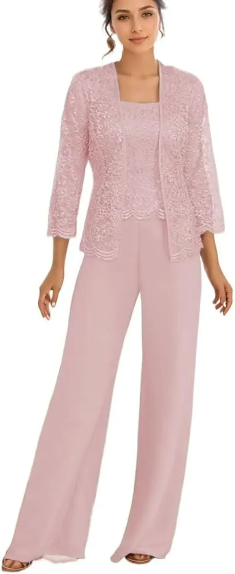 3Pcs Mother of The Bride Dress Pantsuit for Wedding Long Sleeve Lace Pant Suit with Jacket
