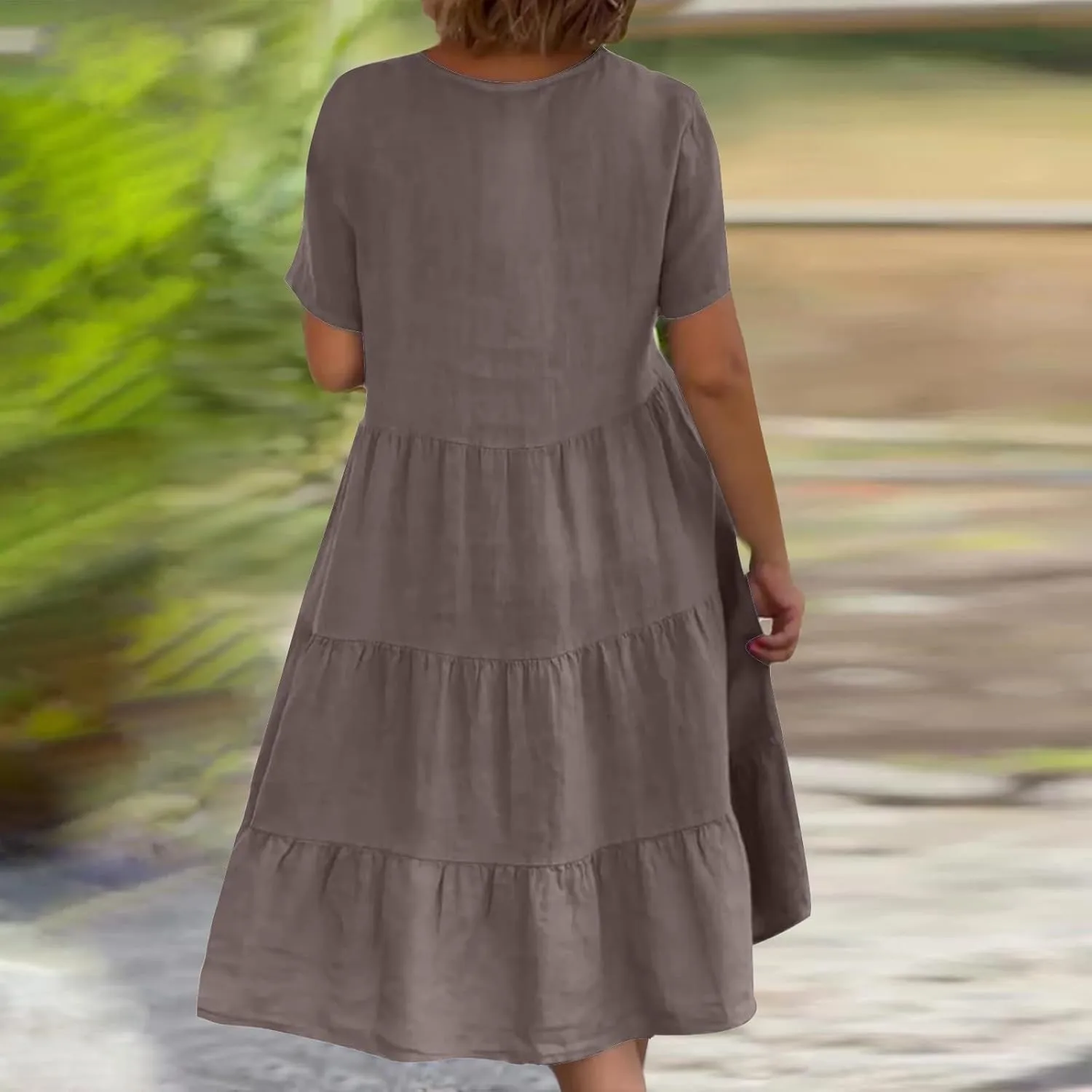 a Line Dresses for Women 2024 Plus Size Short Sleeve Tiered Knee Length Dresses v Neck Solid Loose Fit Casual Dresses