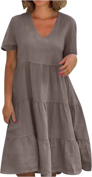a Line Dresses for Women 2024 Plus Size Short Sleeve Tiered Knee Length Dresses v Neck Solid Loose Fit Casual Dresses
