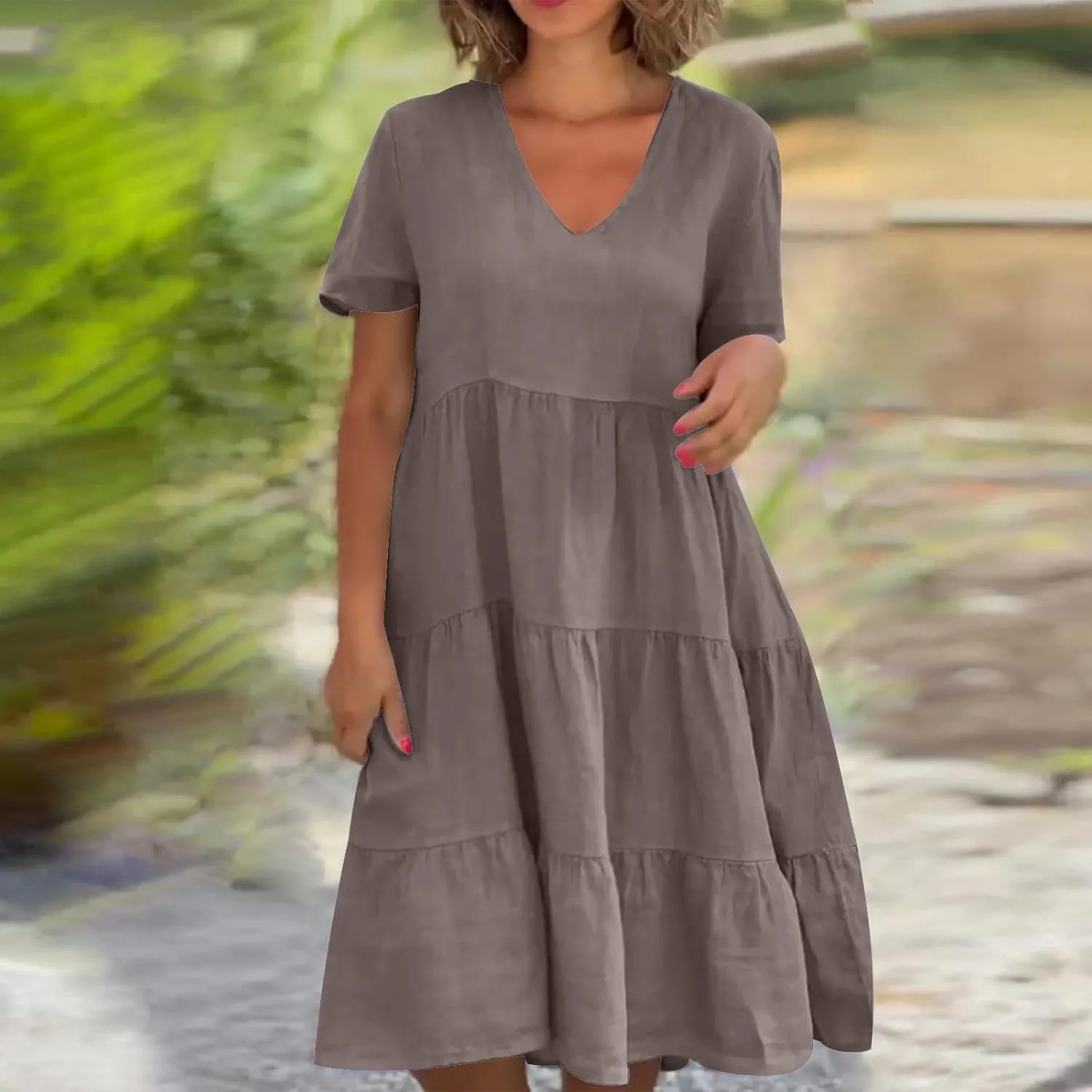a Line Dresses for Women 2024 Plus Size Short Sleeve Tiered Knee Length Dresses v Neck Solid Loose Fit Casual Dresses