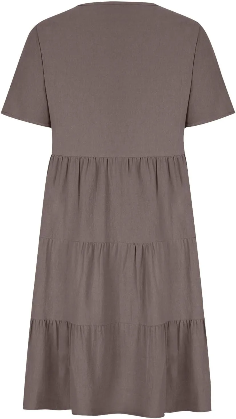 a Line Dresses for Women 2024 Plus Size Short Sleeve Tiered Knee Length Dresses v Neck Solid Loose Fit Casual Dresses
