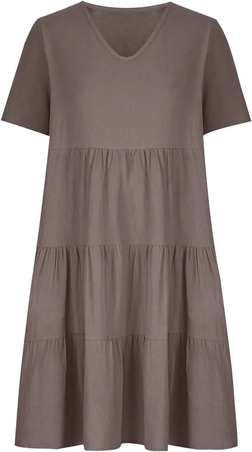 a Line Dresses for Women 2024 Plus Size Short Sleeve Tiered Knee Length Dresses v Neck Solid Loose Fit Casual Dresses