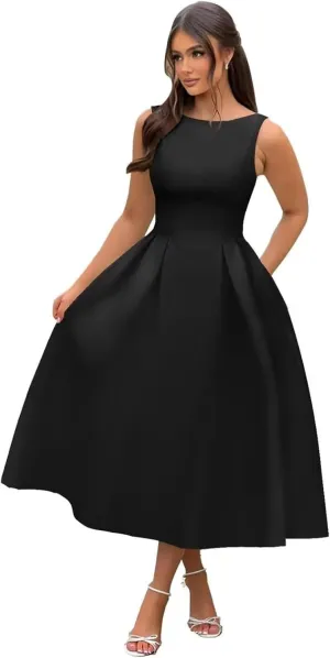 A Line Tea Length Satin Formal Cocktail Dress, Midi Prom Dress Evening Party Gown Scoop Back