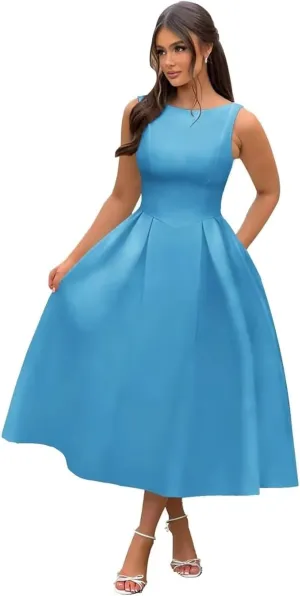 A Line Tea Length Satin Formal Cocktail Dress, Midi Prom Dress Evening Party Gown Scoop Back
