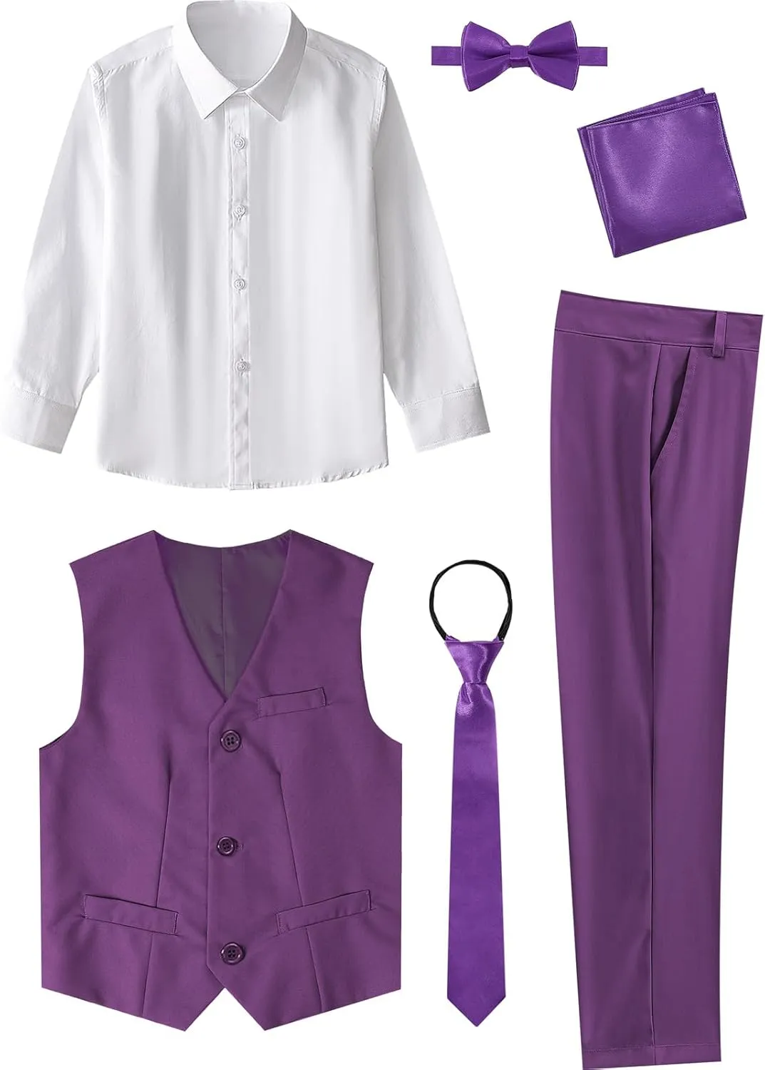 A&J DESIGN Boys 6-Piece Formal Suit Set with Dress Shirts, Vest, Pants, Tie, Bowtie and Pocket Square
