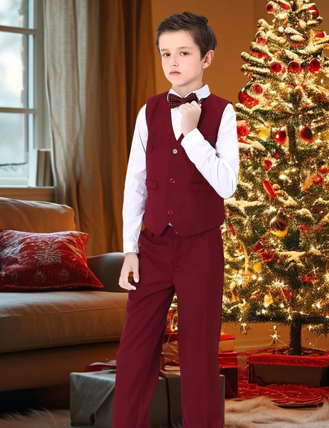 A&J DESIGN Boys 6-Piece Formal Suit Set with Dress Shirts, Vest, Pants, Tie, Bowtie and Pocket Square