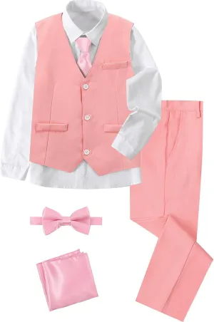 A&J DESIGN Boys 6-Piece Formal Suit Set with Dress Shirts, Vest, Pants, Tie, Bowtie and Pocket Square