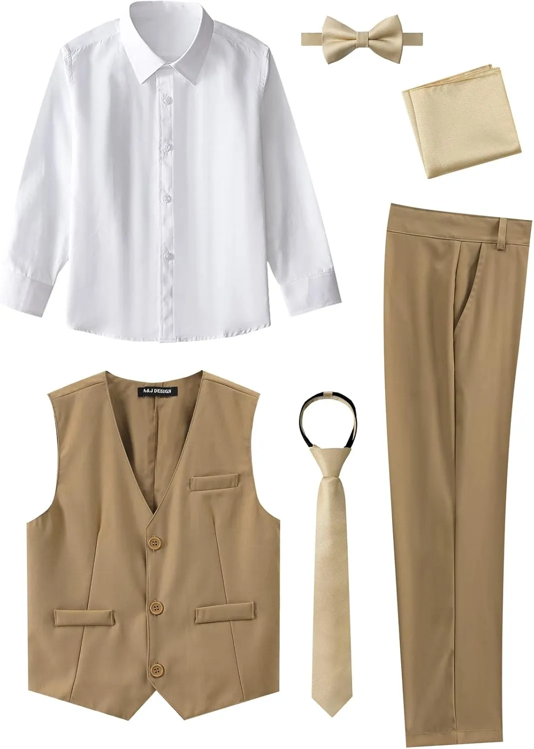 A&J DESIGN Boys 6-Piece Formal Suit Set with Dress Shirts, Vest, Pants, Tie, Bowtie and Pocket Square
