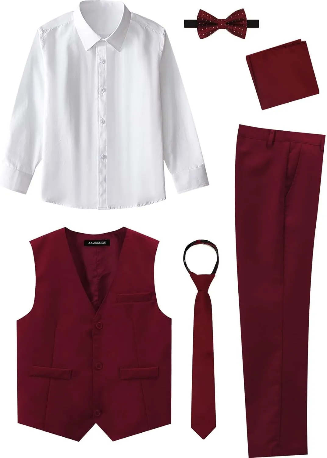 A&J DESIGN Boys 6-Piece Formal Suit Set with Dress Shirts, Vest, Pants, Tie, Bowtie and Pocket Square