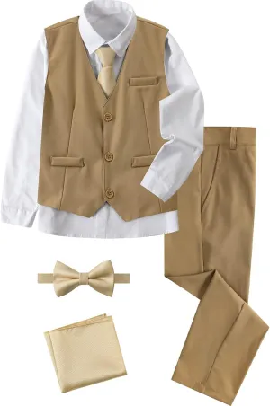 A&J DESIGN Boys 6-Piece Formal Suit Set with Dress Shirts, Vest, Pants, Tie, Bowtie and Pocket Square