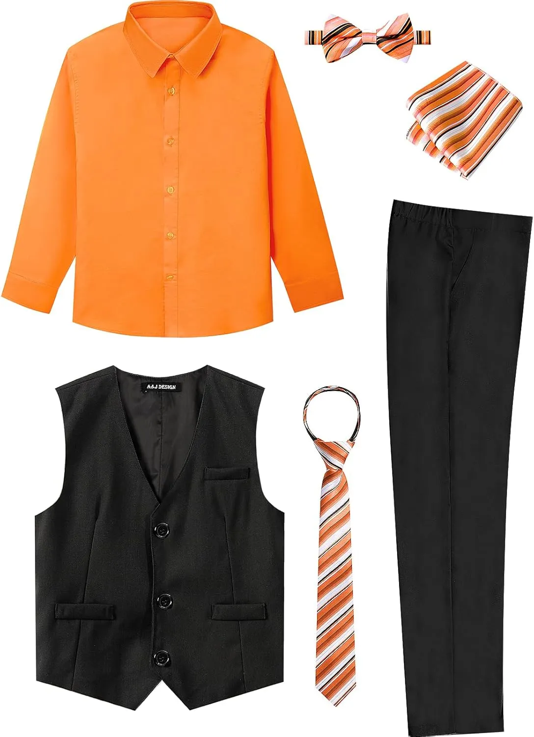 A&J DESIGN Boys 6-Piece Formal Suit Vest and Pant Set with Dress Shirts, Vest, Pants, Tie, Bowtie and Pocket Square