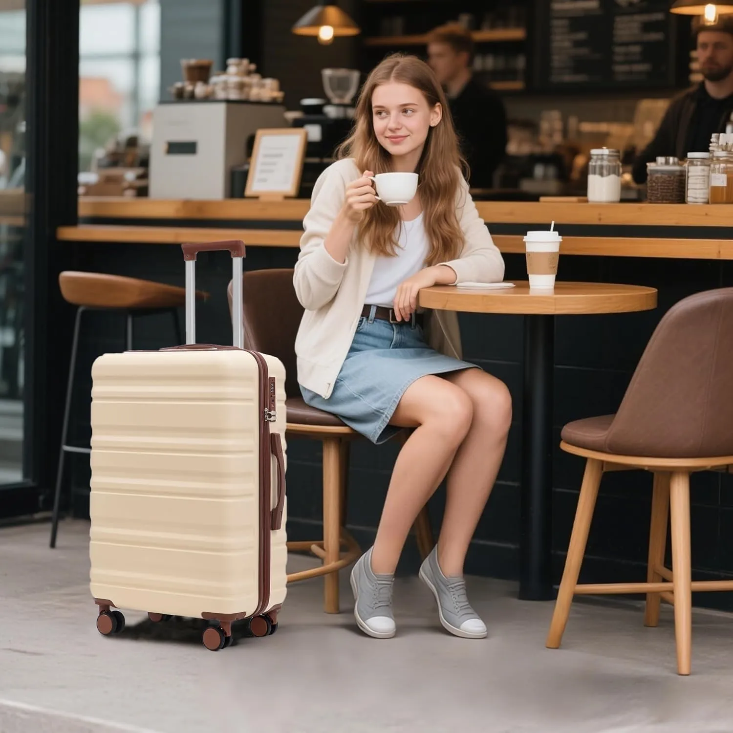 ABS Spinner Wheel Luggage - Carry-On Suitcase with TSA Lock, Durable & Waterproof, Large Capacity, Ergonomic Handle, Beige