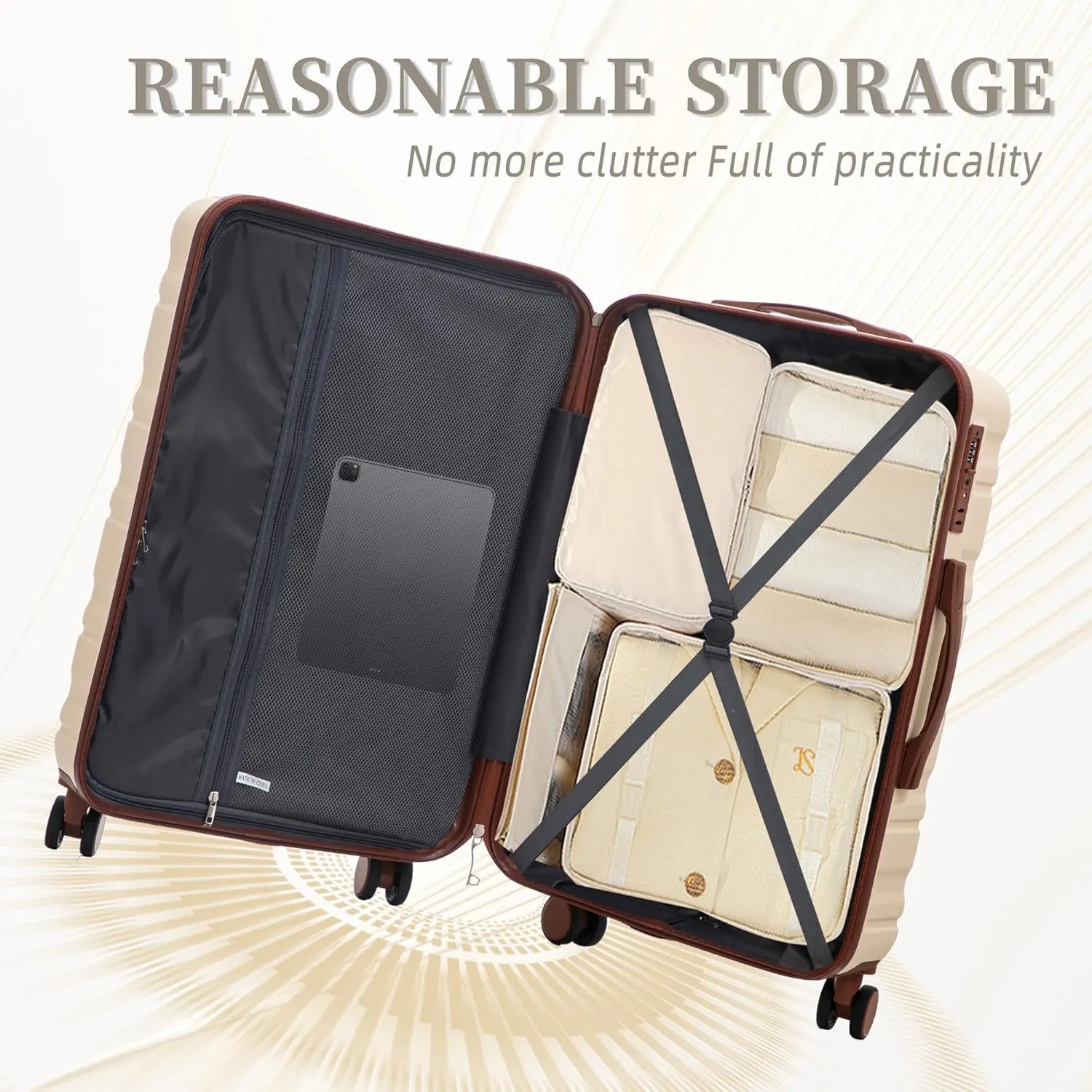 ABS Spinner Wheel Luggage - Carry-On Suitcase with TSA Lock, Durable & Waterproof, Large Capacity, Ergonomic Handle, Beige